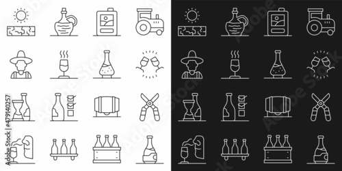 Set line Bottle of wine, Gardening scissors, Wine tasting, degustation, Cardboard box, Farmer the hat, Drought and Decanter for icon. Vector