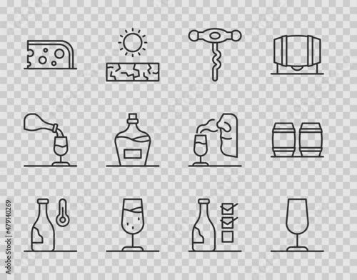 Set line Wine temperature, glass, corkscrew, Cheese, Old bottle of wine, Bottle and Wooden barrel for icon. Vector
