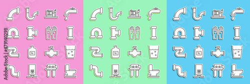 Set line Toilet bowl, Glass with water, Industry metallic pipe, Electric pump, and Rubber gloves icon. Vector