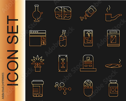 Set line Medicine bottle and pills, Cigar with smoke, Cigarettes pack box, Bong for smoking marijuana, Buying drugs online, Glass bong and phone icon. Vector