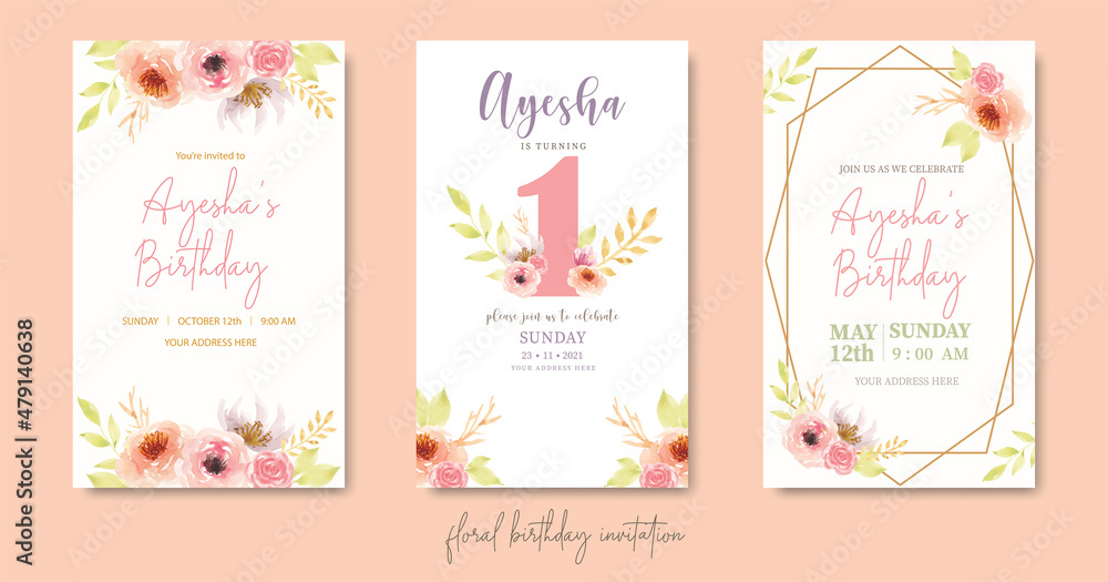 FLORAL WATERCOLOR BIRTHDAY BABY GIRL INVITATION TEMPLATE FREE VECTOR DESIGN