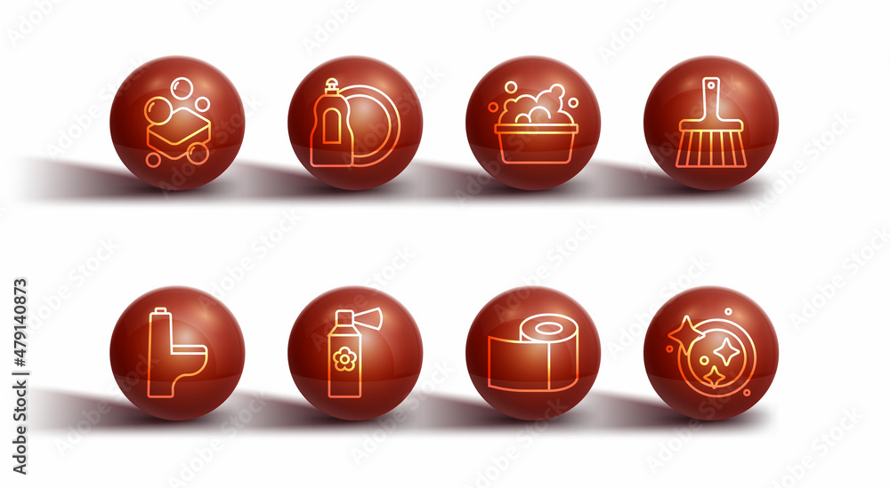 Set line Bar of soap, Toilet bowl, Handle broom, paper roll, Air freshener spray bottle, Dishwashing liquid, Washing dishes and Basin with suds icon. Vector Set line Bar of soap, Toilet bowl, Handle broom, paper roll, Air freshener spray bottle, Dishwashing liquid, Washing dishes and Basin with suds icon. Vector
