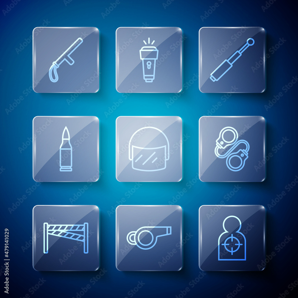 Set line Crime scene, Whistle, Human target sport for shooting, Telescopic baton, Police helmet, Bullet, rubber and Handcuffs icon. Vector Set line Crime scene, Whistle, Human target sport for shooting, Telescopic baton, Police helmet, Bullet, rubber and Handcuffs icon. Vector