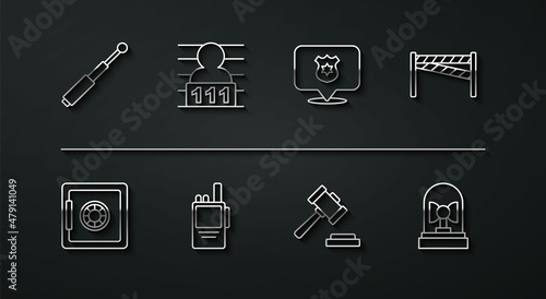 Set line Telescopic baton, Safe, Crime scene, Judge gavel, Walkie talkie, Suspect criminal, Flasher siren and Police badge icon. Vector