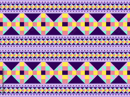 Geometric cartoon character seamless pattern on purple background