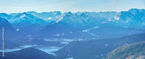 Bavarian sunrise Karwendel mountain chain with a view point from the Herzogstand peak