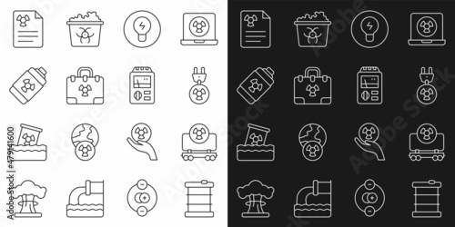 Set line Radioactive waste in barrel, cargo train, Radiation electrical plug, Light bulb with concept of idea, nuclear suitcase, Nuclear energy battery, warning document and Dosimeter icon. Vector