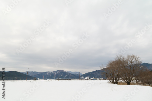 Landscape of snow-covered plains in Shiga Prefecture, Japan in mid-winter. © 隼人 岩崎