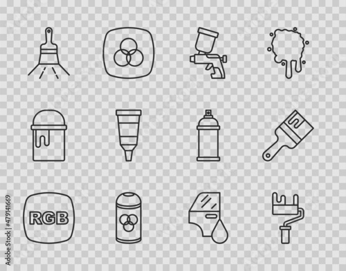 Set line RGB, Paint roller brush, spray gun, can, Tube with paint palette, Car painting and icon. Vector