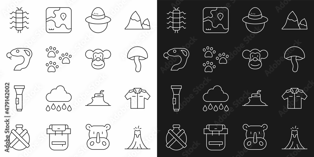 Set line Volcano eruption, Shirt, Mushroom, Camping hat, Paw print, Snake, Centipede insect and Monkey icon. Vector