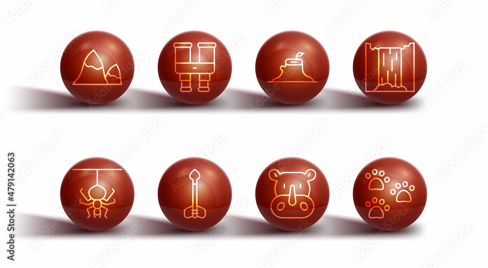 Set line Mountains, Spider, Waterfall, Rhinoceros, Arrow, Binoculars, Paw print and Tree stump icon. Vector Set line Mountains, Spider, Waterfall, Rhinoceros, Arrow, Binoculars, Paw print and Tree stump icon. Vector