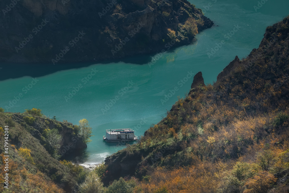 background, boat, calmness, canyon, caucasus, caucasus mountains, color, cultural, dagestan, day, emerald, green, hiking, hill, house, house on the water, houseboat, insulation, isolation, journey, la