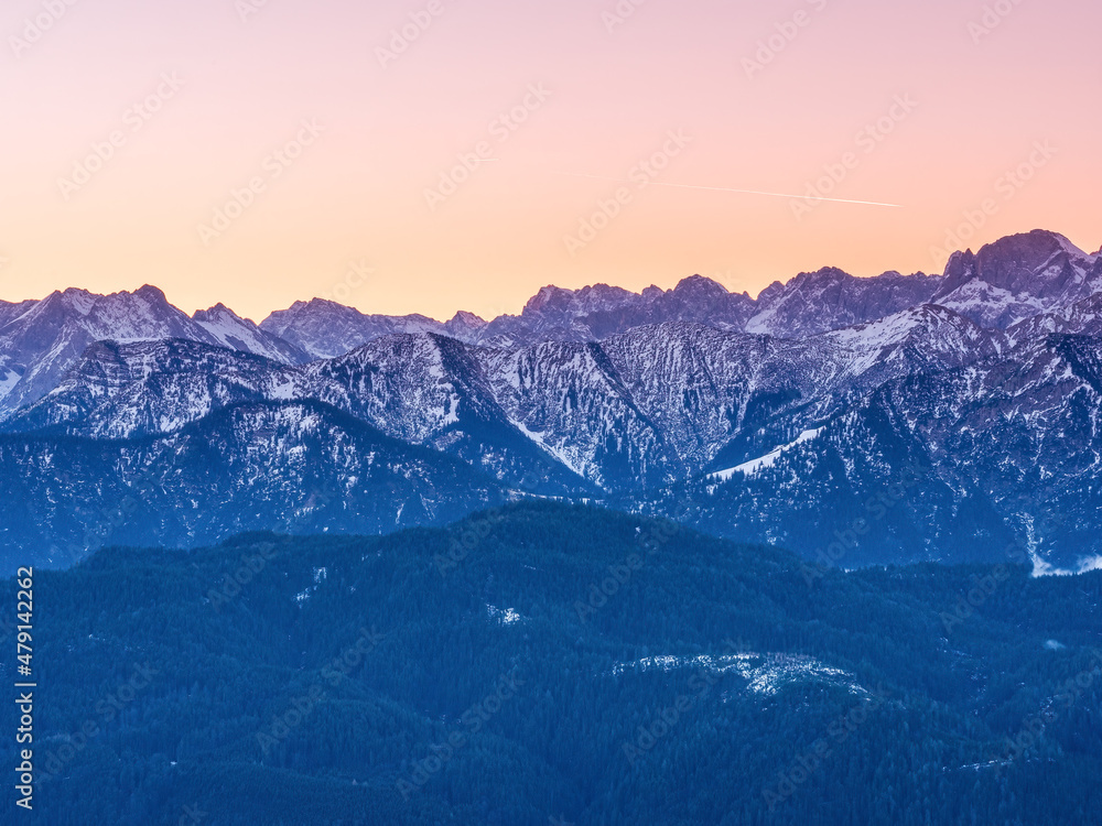 Bavarian sunrise Karwendel mountain chain with a view point from the Herzogstand peak