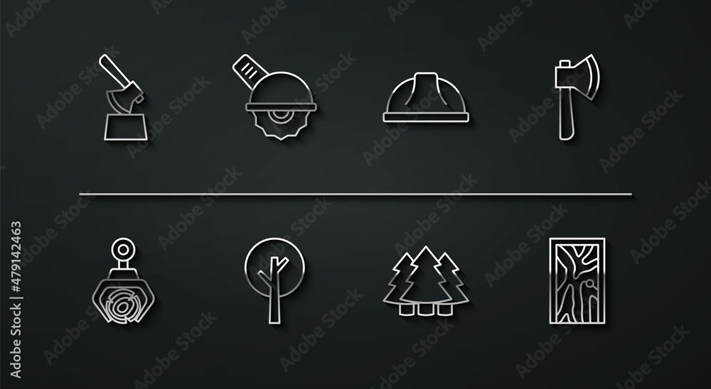 Set line Wooden axe in stump, Grapple crane grabbed log, Christmas tree, Tree, Electric circular saw, Closed door and Worker safety helmet icon. Vector Set line Wooden axe in stump, Grapple crane grabbed log, Christmas tree, Tree, Electric circular saw, Closed door and Worker safety helmet icon. Vector