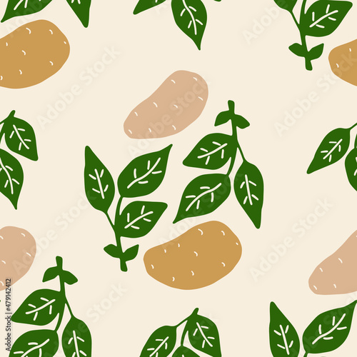 Seamless pattern with potatoes and leaves. Hand-drawn, vector illustration.