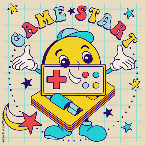 Groovy retro game console with slogan: "Game start". 80's style fun vintage illustration for tee, t shirt, poster design