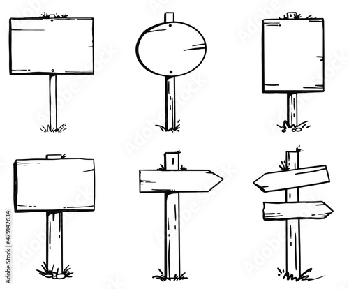 Vector hand drawn doodle bundle set of a road wooden timber sign post board with a blank space for text isolated on white background.