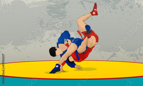 Male wrestlers in red and blue kimonos in Russian national wrestling. The athlete makes a throw over his shoulder.