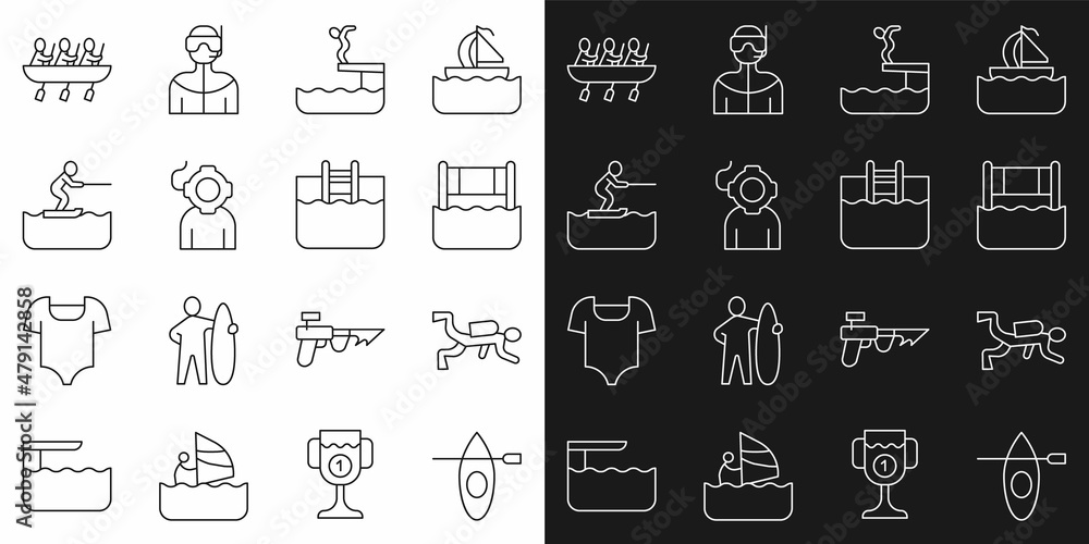 Set line Kayak and paddle, Scuba diver, Water volleyball net, Swimmer diving into pool, Aqualung, skiing man, Canoe rowing team sports and Swimming with ladder icon. Vector