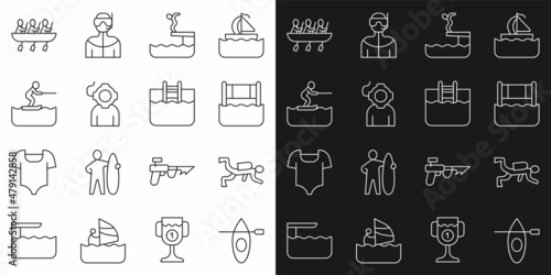 Set line Kayak and paddle, Scuba diver, Water volleyball net, Swimmer diving into pool, Aqualung, skiing man, Canoe rowing team sports and Swimming with ladder icon. Vector