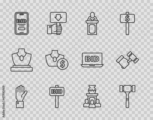 Set line Hand holding auction, Auction hammer, auctioneer sells, paddle, Online, jewelry sale, ancient vase and icon. Vector