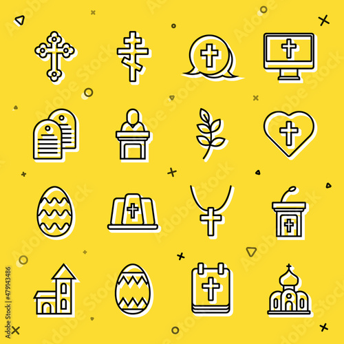 Set line Church building, sermon tribune, Christian cross heart, pastor preaching, Holy bible book, and Willow leaf icon. Vector