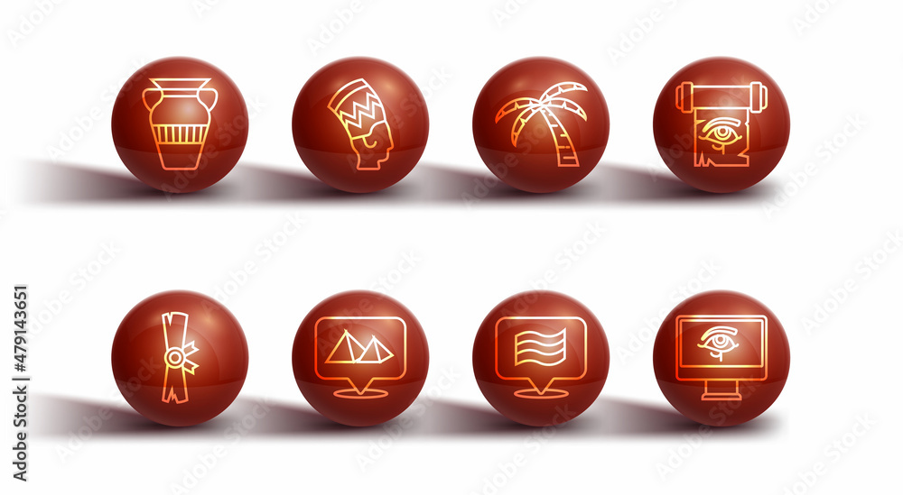 Set line Egyptian vase, Papyrus scroll, Eye of Horus on papyrus, Flag Of, pyramids, Nefertiti, monitor and Tropical palm tree icon. Vector Set line Egyptian vase, Papyrus scroll, Eye of Horus on papyrus, Flag Of, pyramids, Nefertiti, monitor and Tropical palm tree icon. Vector