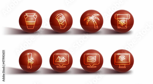 Set line Egyptian vase, Papyrus scroll, Eye of Horus on papyrus, Flag Of, pyramids, Nefertiti, monitor and Tropical palm tree icon. Vector