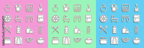 Set line Sea salt in a bowl, Cream or lotion cosmetic tube, Glass with water, Aroma lamp, Bathtub, Leaf plant nature, Apple and Slipper icon. Vector