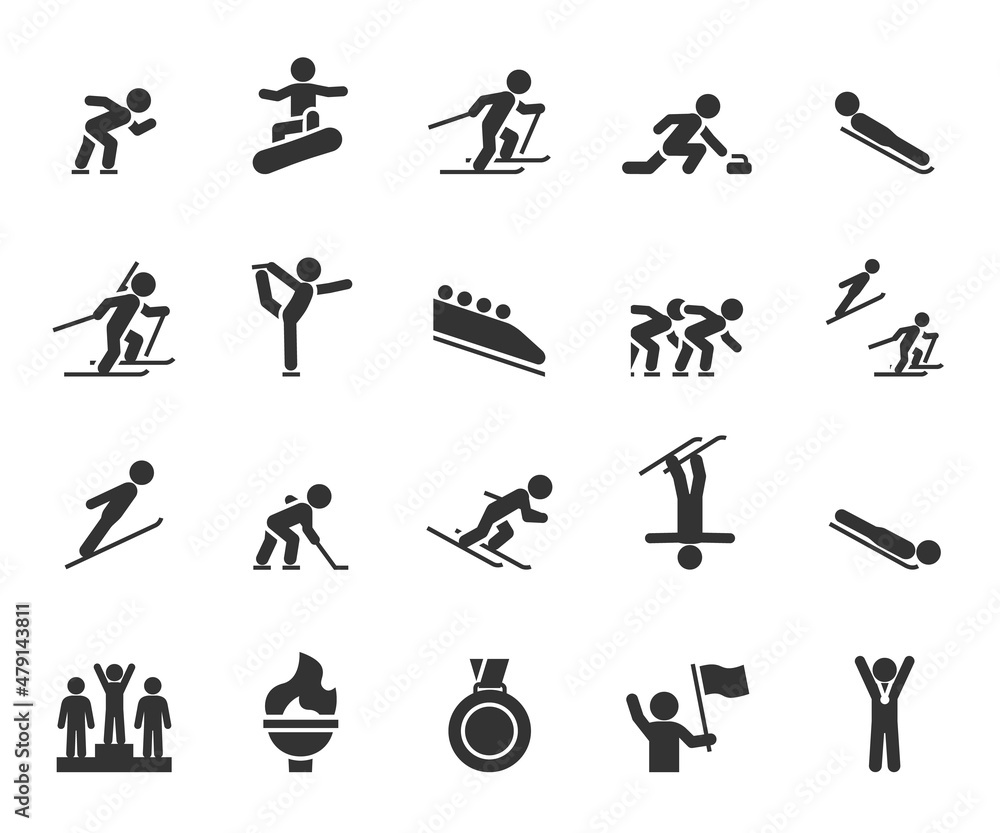 Fototapeta premium Vector set of winter sports flat icons. Contains icons speed skating, figure skating, snowboarding, alpine skiing, biathlon, curling, hockey, ski jumping, medal and more. Pixel perfect.
