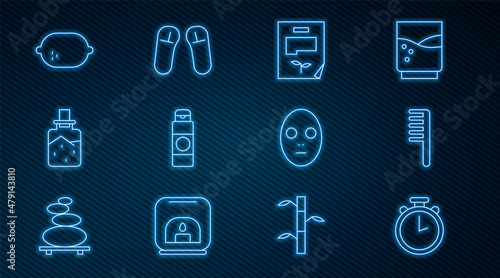 Set line Stopwatch, Hairbrush, Leaf document, Cream or lotion cosmetic tube, Spa salt, Lemon, Facial mask and Slipper icon. Vector