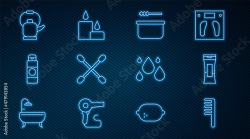 Set line Hairbrush, Bottle of shampoo, Sauna bucket and ladle, Cotton swab for ears, Cream lotion cosmetic tube, Kettle with handle, Water drop and Burning candle icon. Vector