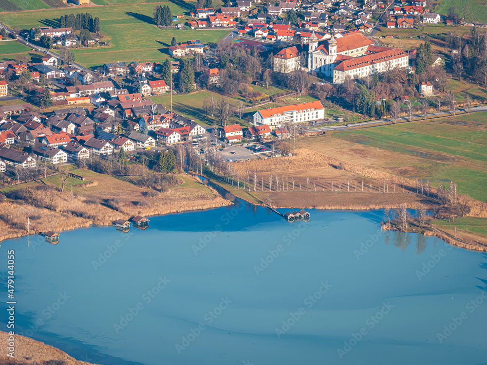 Bavarian panoramic top view to the lake Kochel and the surrounding mountain landscape