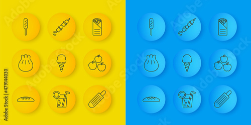 Set line Bread loaf, Khinkali on cutting board, Ice cream waffle cone, French hot dog, Apple, Corn, Doner kebab and Grilled shish icon. Vector