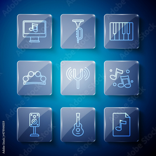 Set line Stereo speaker, Guitar, MP3 file document, Music synthesizer, Musical tuning fork, Tambourine, Computer with music note and note, tone icon. Vector