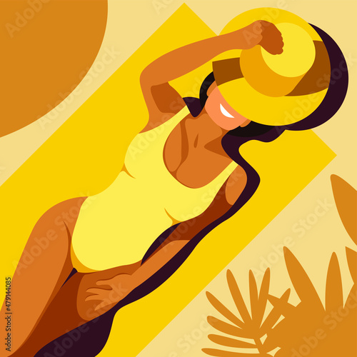 vector illustration on the theme of summer holidays. beautiful tanned girl in a yellow swimsuit sunbathes on the beach in the shade of palm tree. useful for summer holidays, resorts, hotels, beaches.