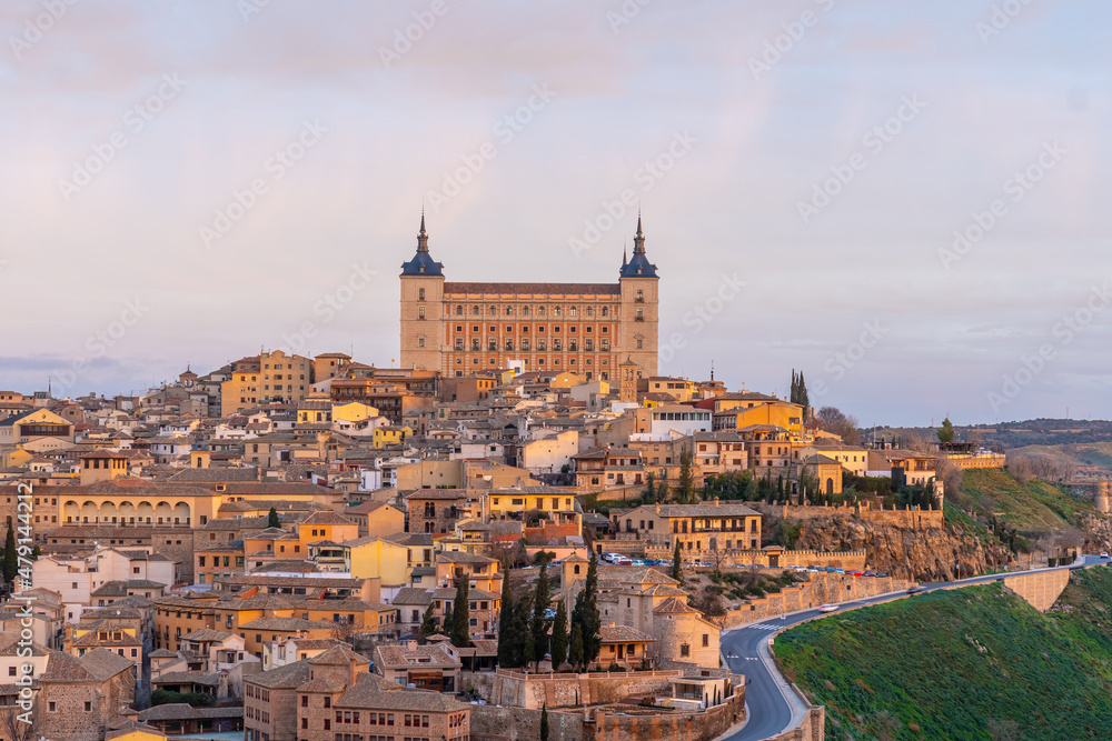 Early hours of the medieval city of Toledo in Castilla La Mancha, Spain. View from the Ermita del Valle. Alzacar and Santa Iglesia Primada.
