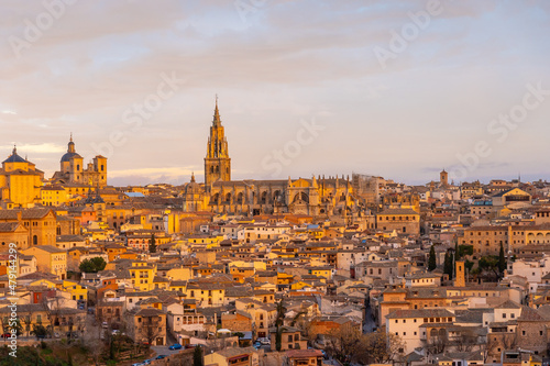 Toledo medieval city of Castilla La Mancha from the mountain, Spain. View from the Ermita del Valle. Alzacar and Santa Iglesia Primada.