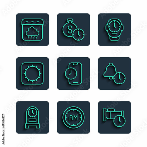Set line Antique clock, Morning time, Time to sleep, Clock, Alarm app mobile, Sun, Calendar autumn and icon. Vector
