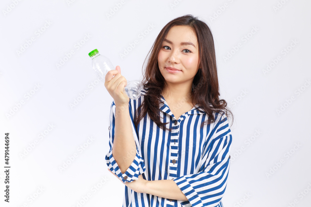 Headshot portrait Asian woman campaign Say no to plastic, reducing plastic waste, reducing global warming in studio light shot isolated on white background. Environment concept Headshot portrait Asian woman campaign Say no to plastic, reducing plastic waste, reducing global warming in studio light shot isolated on white background. Environment concept
