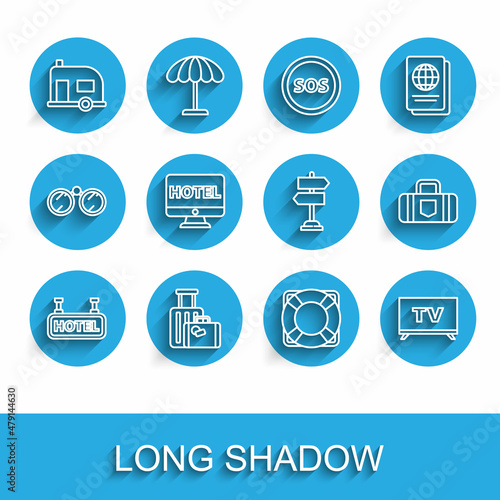 Set line Signboard with text Hotel, Suitcase, Rv Camping trailer, Lifebuoy, Smart Tv, Online hotel booking, and Road traffic sign icon. Vector