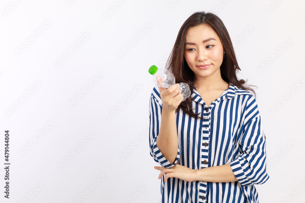 Headshot portrait Asian woman campaign Say no to plastic, reducing plastic waste, reducing global warming in studio light shot isolated on white background. Environment concept