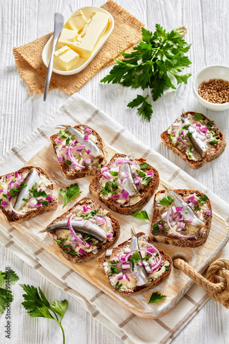 pickled sprat rye bread open sandwiches, top view