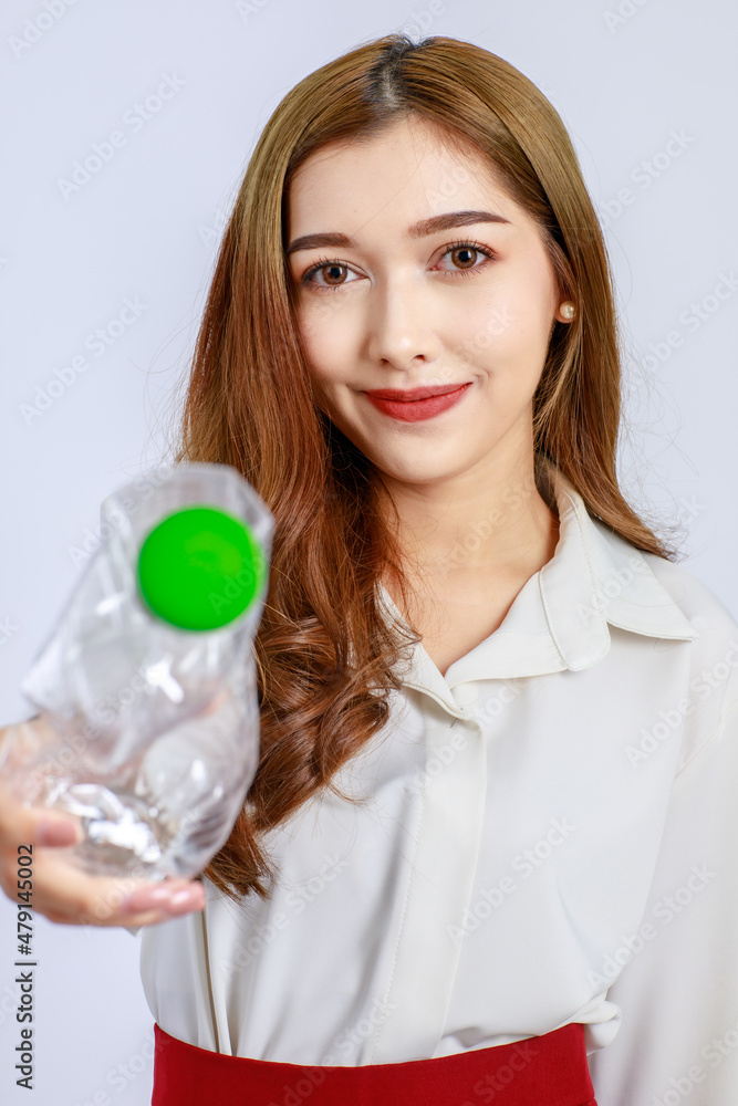 Beautiful cute face young Asian girl campaign says no to plastic, reducing plastic waste, reducing global warming in studio light portrait shot isolated on white background. Environment concept Beautiful cute face young Asian girl campaign says no to plastic, reducing plastic waste, reducing global warming in studio light portrait shot isolated on white background. Environment concept