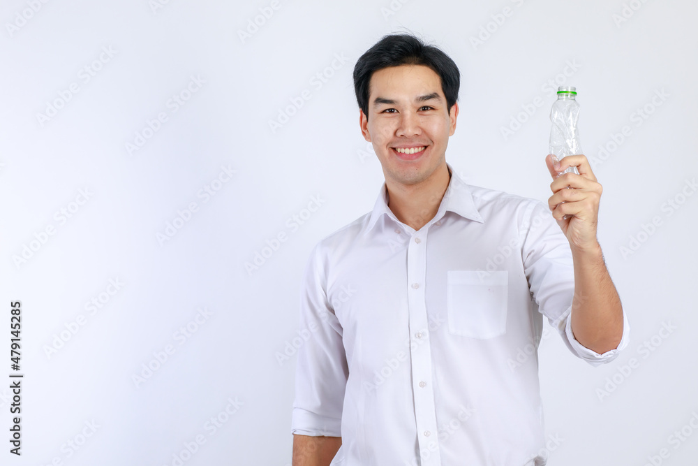 Handsome, friendly face asian man smile happy, dressed casually campaign say no plastic, reducing plastic, reducing global warming, studio light shot isolated on white background. Environment concept Handsome, friendly face asian man smile happy, dressed casually campaign say no plastic, reducing plastic, reducing global warming, studio light shot isolated on white background. Environment concept
