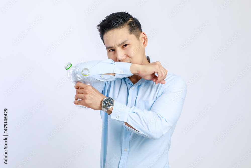 Photo of business asian man guy young boss campaign say no plastic, reducing plastic, reducing global warming, studio light shot isolated on white background. Environment concept Photo of business asian man guy young boss campaign say no plastic, reducing plastic, reducing global warming, studio light shot isolated on white background. Environment concept