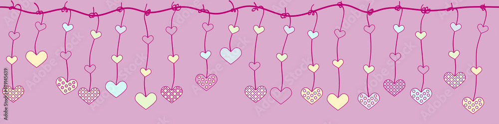 multicolored hearts on a rope, horizontal banner
