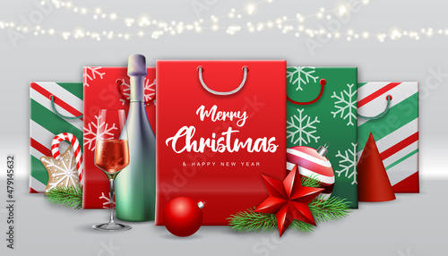 Christmas holiday background with paper bags or gift boxes with presents and christmas decorations. Vector illustration