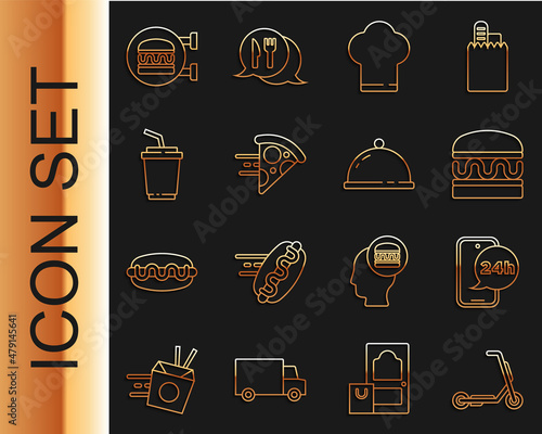 Set line Scooter delivery, Food ordering, Burger, Chef hat, Online pizza, Paper glass with water, burger and Covered tray of food icon. Vector