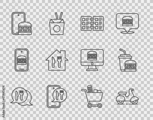 Set line Cafe and restaurant location, Scooter delivery, Restaurant cafe menu, Online ordering, Shopping cart food and Paper glass burger icon. Vector